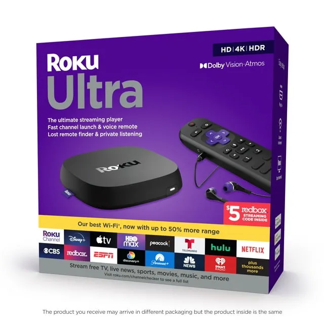 Roku Ultra | Streaming Device 4K/HDR/Dolby Vision, Roku Voice Remote with Headphone Jack, Premium HDMI® Cable