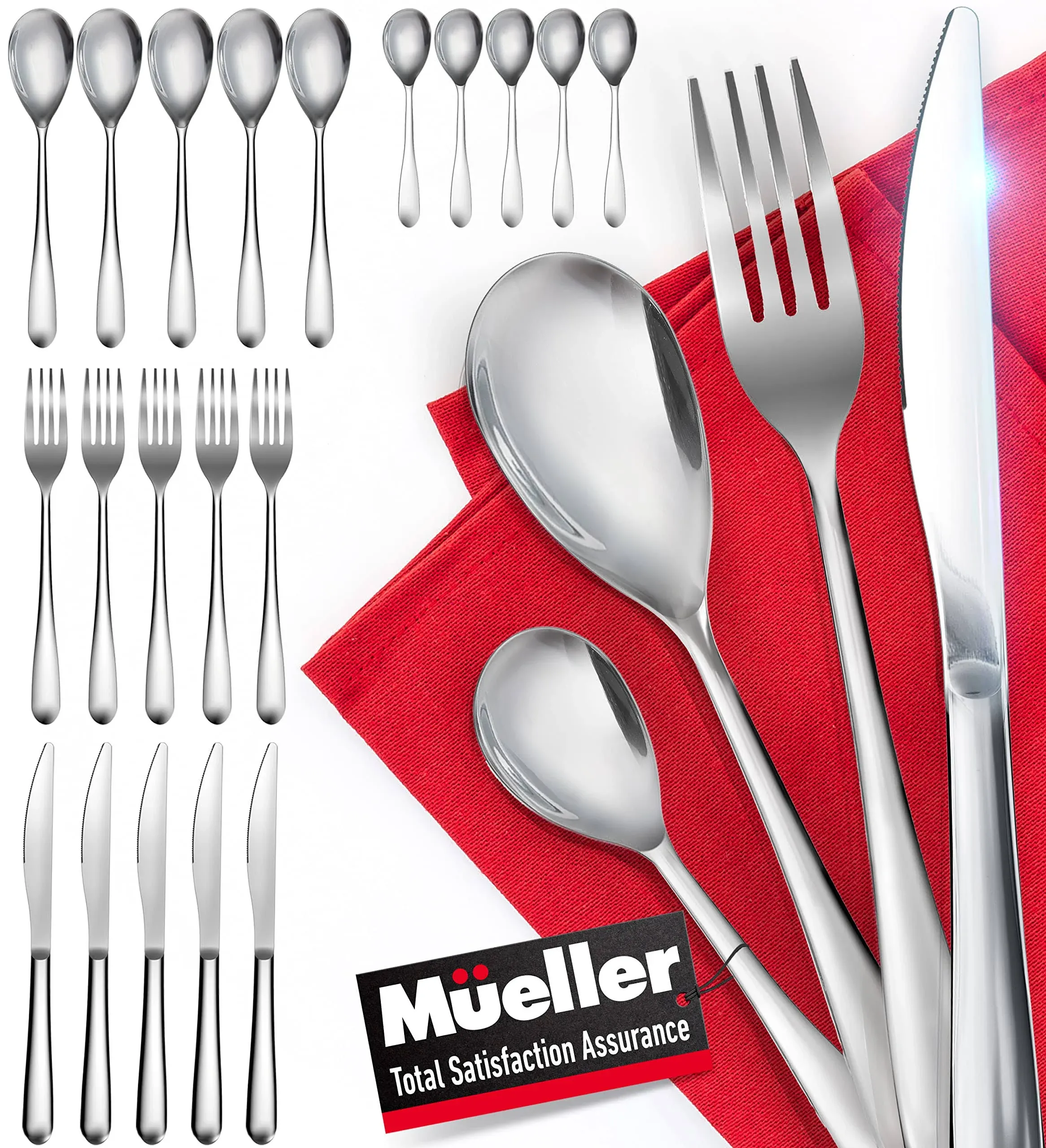 Mueller Flatware Set, 20-Piece Stainless Steel Silverware Set, Elegant Cutlery Set Service for 5 - Spoon, Knife, Fork, Teaspoon, Dishwasher Safe, Ergonomic Shape