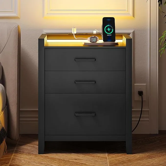 EPHEX LED Nightstand with Charging Station, Nightstand with 3 Drawers, End Side Table with USB Ports and Outlets, Modern Bedside Table for Bedroom, Black, NSL03