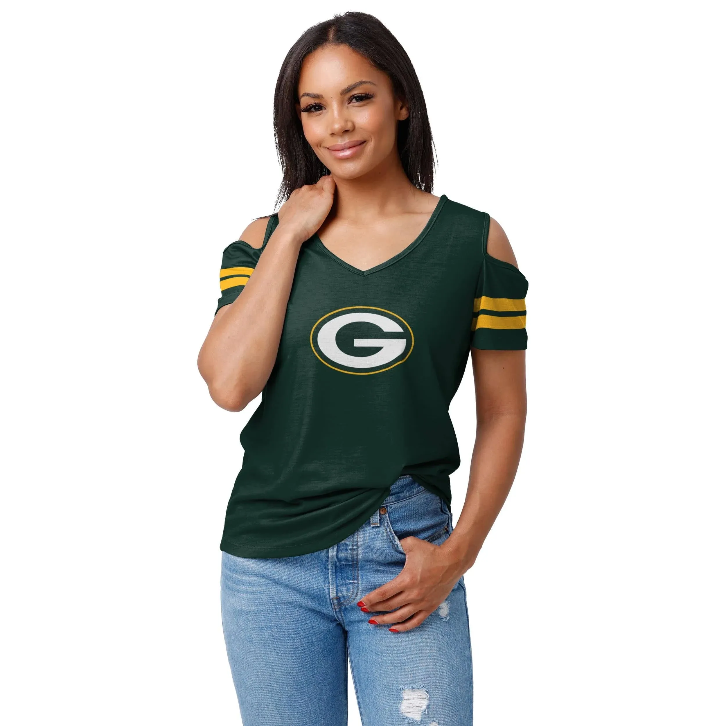 FOCO Women's NFL Ladies Fashion Cold Shoulder Top Shirt