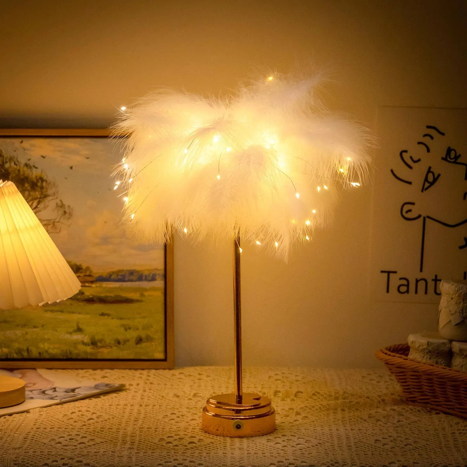 White Feather Lamp - LED Atmosphere Feather Night Lights Bedside Lamps for Mother