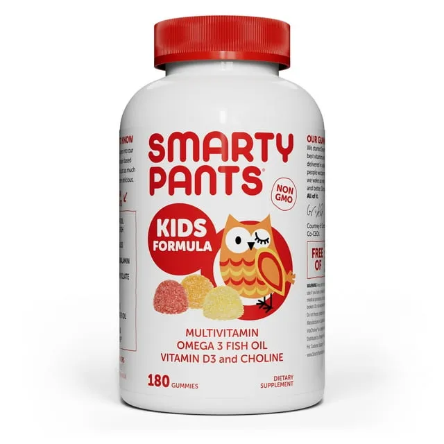 SmartyPants 儿童多种维生素软糖：Omega 3 鱼油 (EPA/DHA)、维生素 D3、C、维生素 B12、B6、维生素 A、K 和锌，用于免疫支持，不含麸质，三种水果口味，120 粒（30 天供应量）