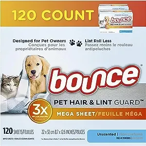 Bounce Pet Hair and Lint Guard Mega Dryer Sheets with 3X Pet Hair Fighters, Unscented, 120 Count