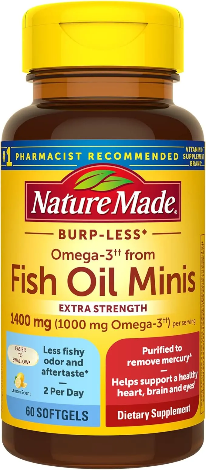 Nature Made Burp Less Ultra Omega 3 Fish Oil 1400 mg, Fish Oil Supplements, Omega 3 Supplement for Healthy Heart, Brain and Eyes Support, One Per Day, 90 Softgels