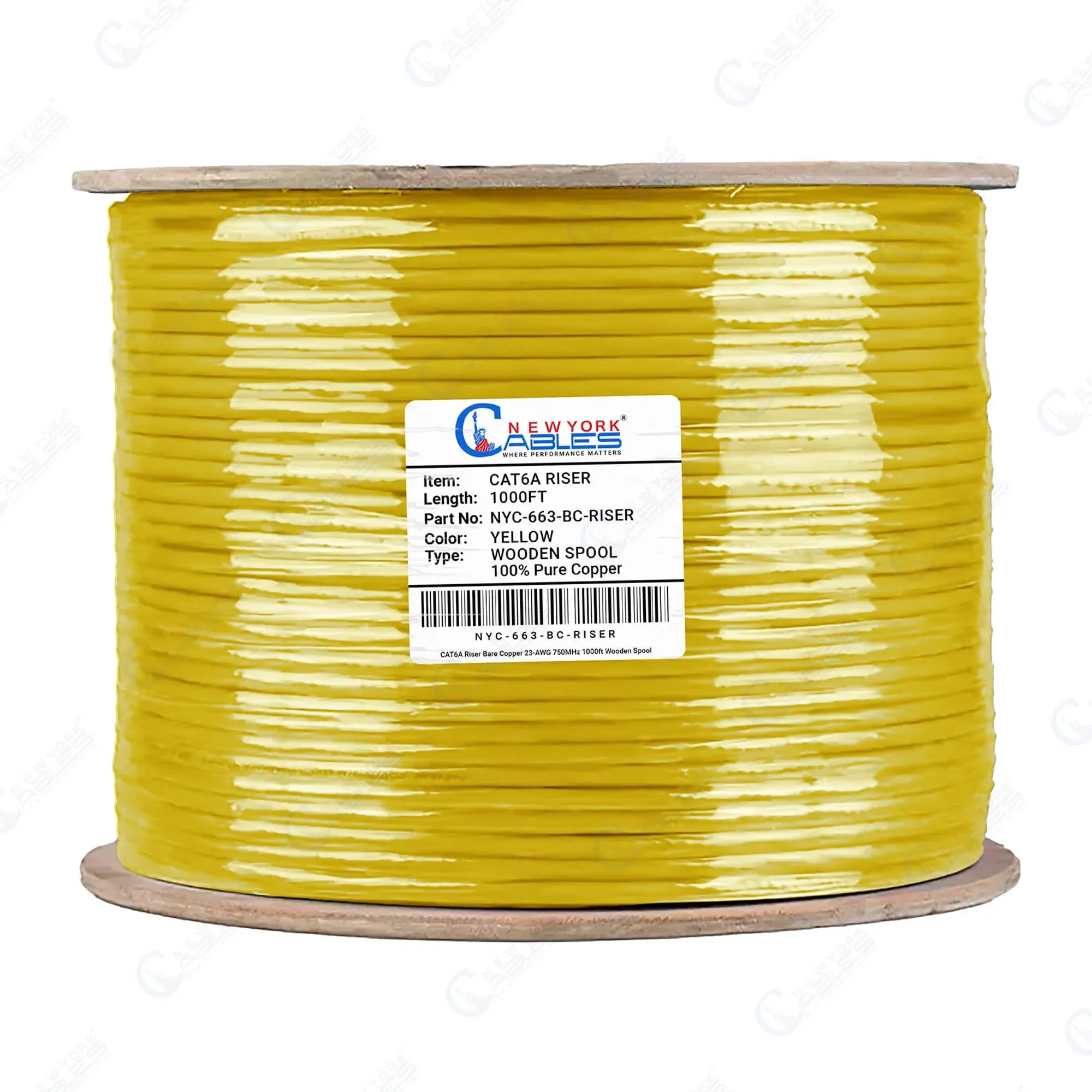 NewYork Cables Cat6a Riser Bulk Ethernet Cable 1000ft (CMR) 100% Solid Bare Copper 750Mhz 23AWG UTP Yellow