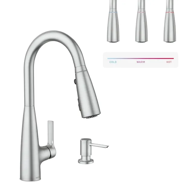 Moen 87627EIBL Haelyn Matte Black Single-Handle Pull-Down Kitchen Faucet with LED Light Colorcue Temperature Indicator and Soap Dispenser