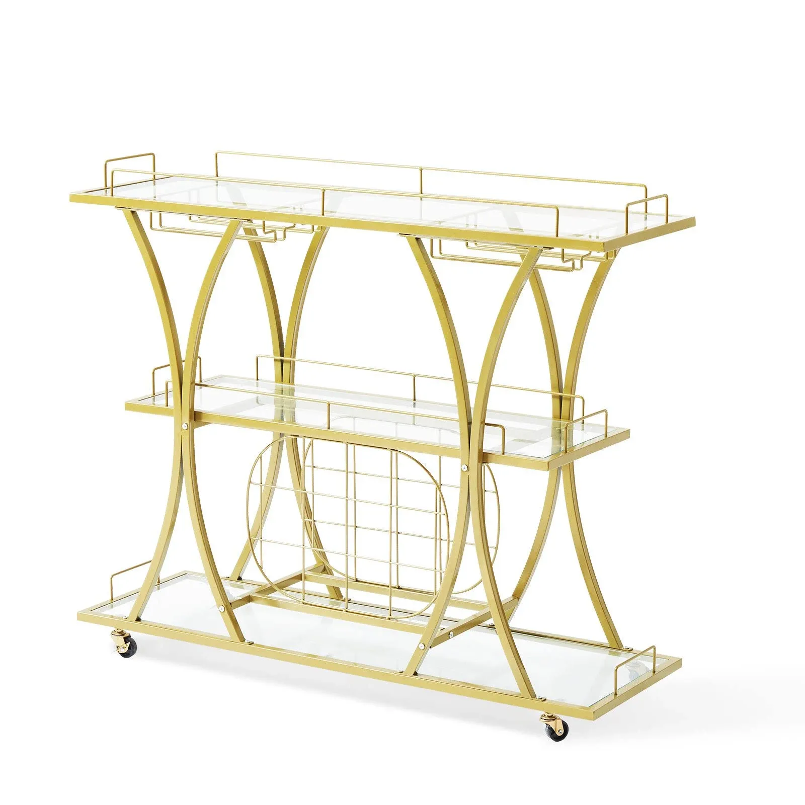 VEVOR Bar Cart Gold 3 Tiers Home Bar Serving Cart on Lockable Wheels with Tempered Glass Shelves Guardrail Wine Rack