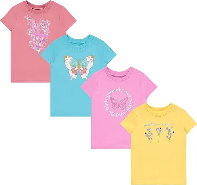 BTween Girls 4-Piece Summer Tops | Fashionable Short Sleeve T-Shirt | Casual Daily Shirt for Kids - Assorted Colors