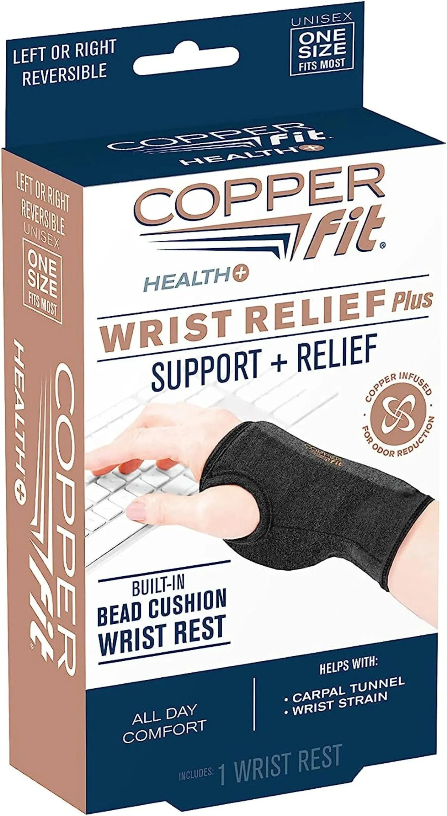 COPPER Fit Wrist Relief Plus Support + Relief One Size Reversible Black 