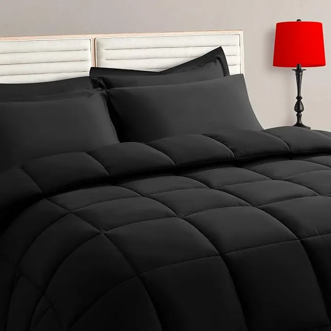 TAIMIT Black Full Size Comforter Set - 7 Pieces, Bed in a Bag Bedding Sets with All Season Soft Quilted Warm Fluffy Reversible Comforter,Flat Sheet,Fitted Sheet,2 Pillow Shams,2 Pillowcases