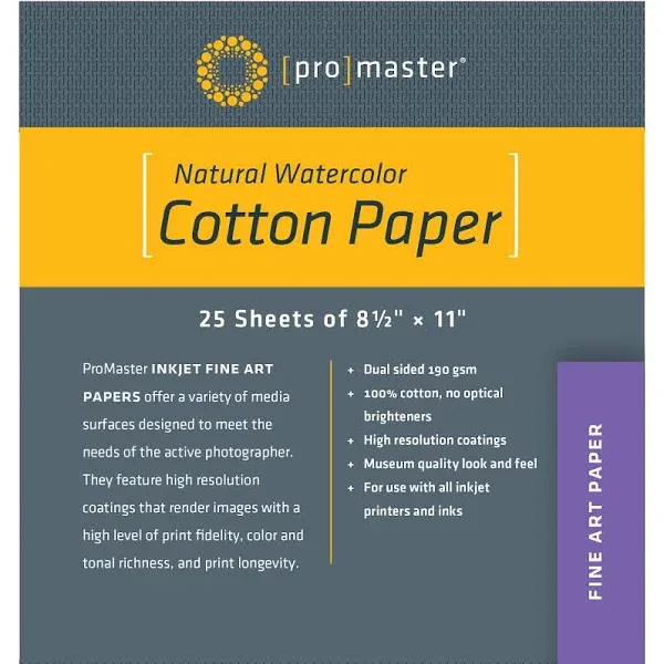 ProMaster Natural Watercolor Cotton Paper - 8 1/2 inchx11 inch - 25 Sheets