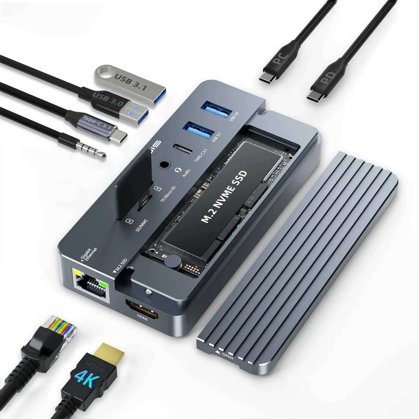 Hub Usb Acasis 10 En 1 Caja Ssd M.2 Nvme HDMI Lan 100w -gris