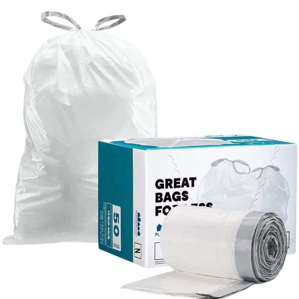 Plasticplace Custom Fit Trash Bags, Compatible with simplehuman Code N (50 Count) White Drawstring Garbage Liners 12-13 Gallon / 45-50 Liters, 22.5"