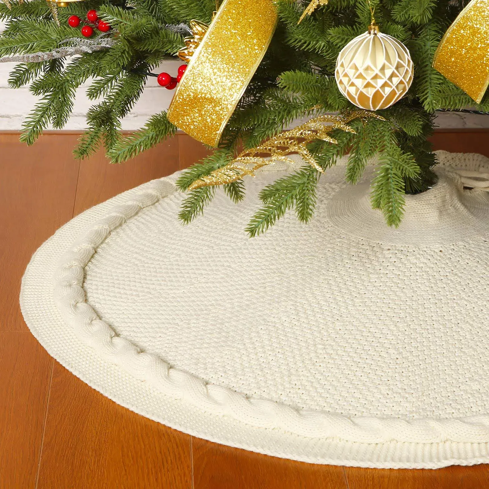 Christmas Tree Skirt 48 In, Luxury Cable Knit Knitted Thick Rustic Xmas Holiday 