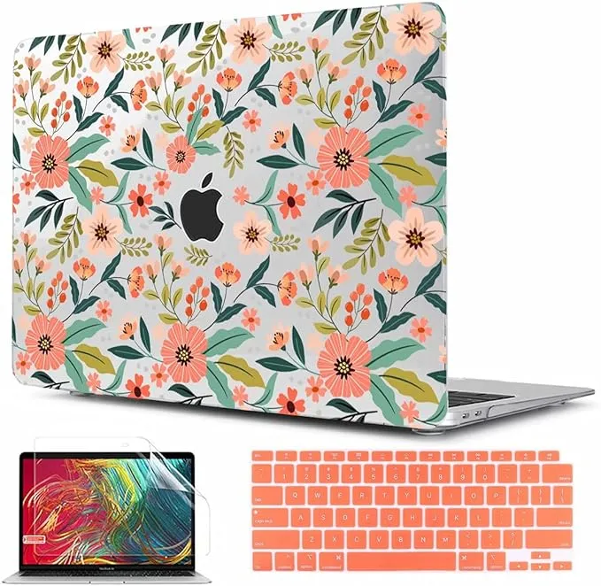 TWOLSKOO Case for MacBook Air 13 inch 2020 2019 2018 Release A2337 M1 A2179 A1932, Hard Shell Case & Keyboard Cover & Screen Protector Compatible with New MacBook Air 13 Retina, Seamless Flowers