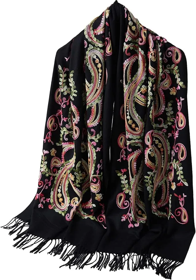 Embroidered Paisley Leaves Shawl Brushed Cashmere Silk Scarf Soft Ponchos Pashmi