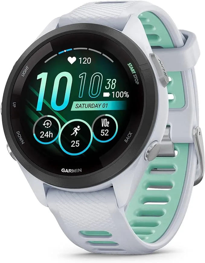 Garmin Forerunner 265S Running Smartwatch, Colorful AMOLED Display, Training Metrics and Recovery Insights, Whitestone and Neo Tropic