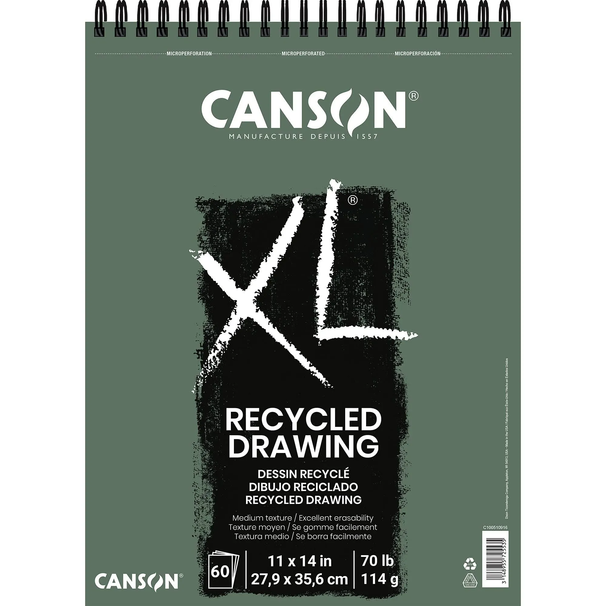 Canson XL Series Recycled Drawing Paper Pad, Top Wire Bound, 70 Pound, 11 x 14 Inch, 60 Sheets