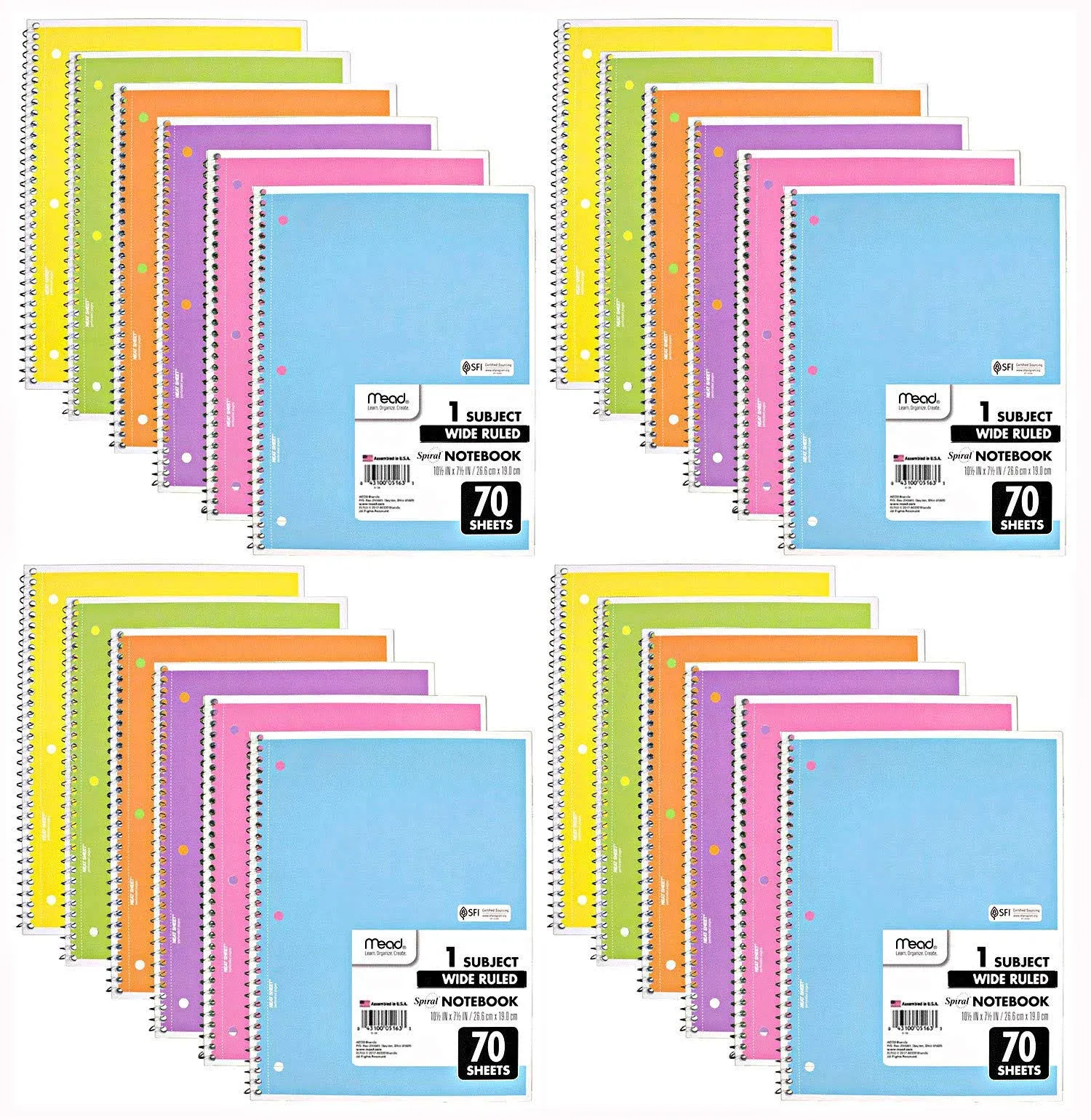 Mead Spiral Notebooks, 70 Pages, Assorted Pastel - 24 pack