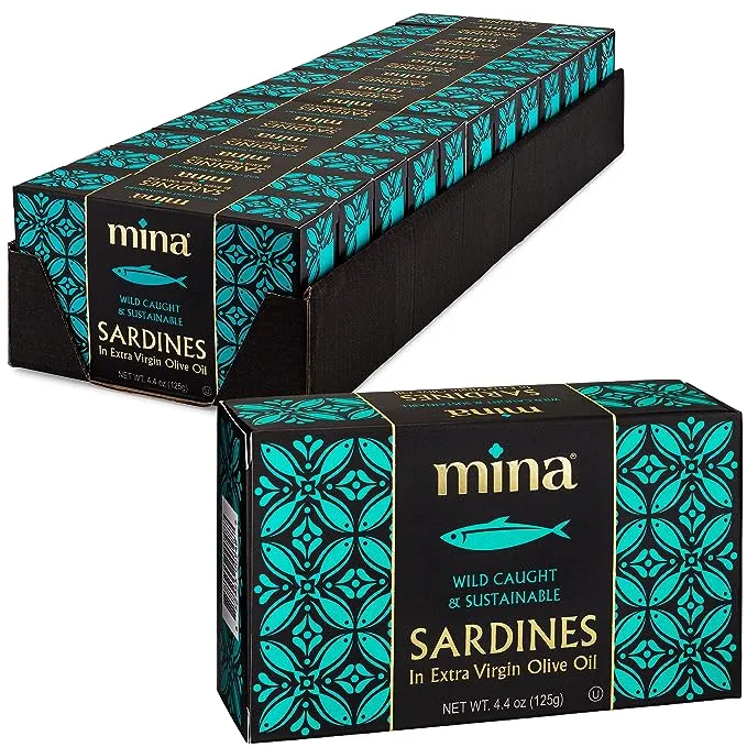 Mina Sardines, Skinless & Boneless Sardines in Extra Virgin Olive Oil, 4.4 Ounce Wild Caught Sardines, Packed By Hand, Low Sodium, High in Protein, Keto, Paleo, Sardines in Olive Oil (Pack of 12)