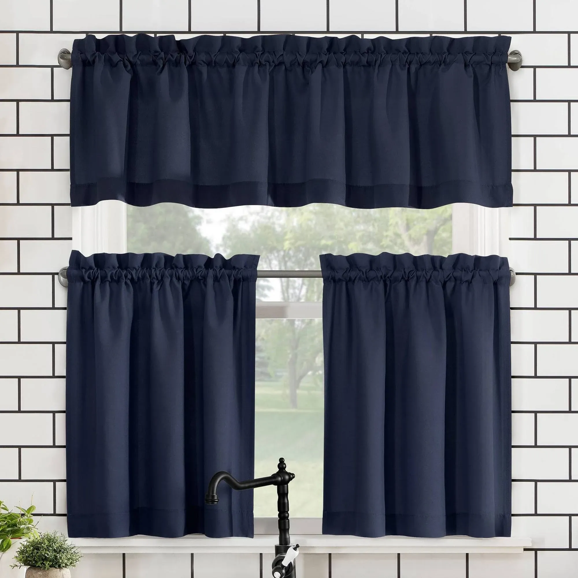 No. 918 Martine Microfiber Semi-Sheer Rod Pocket Kitchen Curtain Valance and Tiers Set - Navy Blue