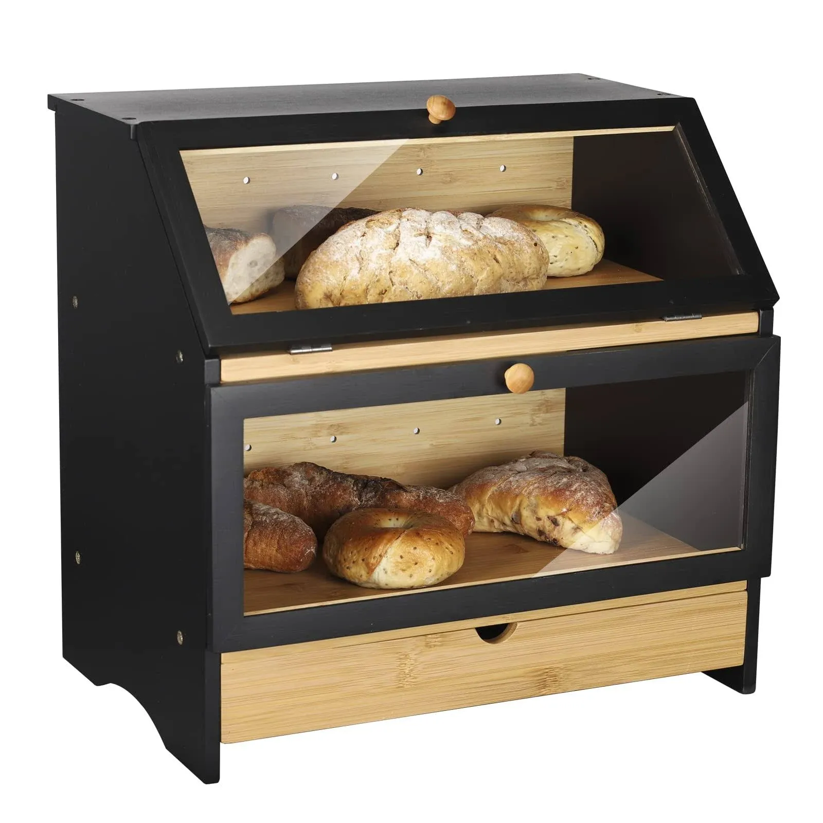 HOMEKOKO Large Bamboo Two-Layer Bread Box with Drawer, Double Layers Large Bread ...