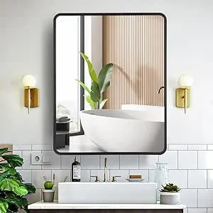 Movo 24 Inch x 30 Inch Black Metal Framed Bathroom Mirror Medicine Cabinet Rectangle Tilting Beveled Vanity Mirrors Recess or Surface Mount Installation