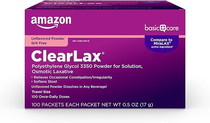 Amazon Basic Care ClearLax Polyethylene Glycol 3350 Powder for Solution, Orange Flavor, Osmotic Laxative, Stool Softener, Relieves Occasional Constipation, 8.3 ounce (Pack of 1)