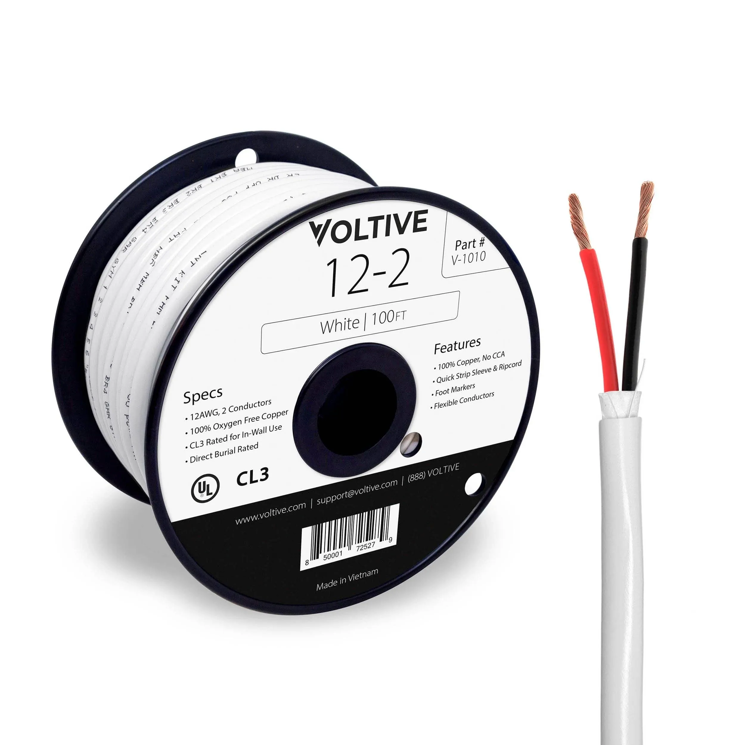 Voltive 12/2 Speaker Wire - 12 AWG/Gauge 2 Conductor - UL Listed in Wall (CL2/CL3) and Outdoor/In Ground (Direct Burial) Rated - Oxygen-Free Copper (OFC) - 100 Foot Spool - White