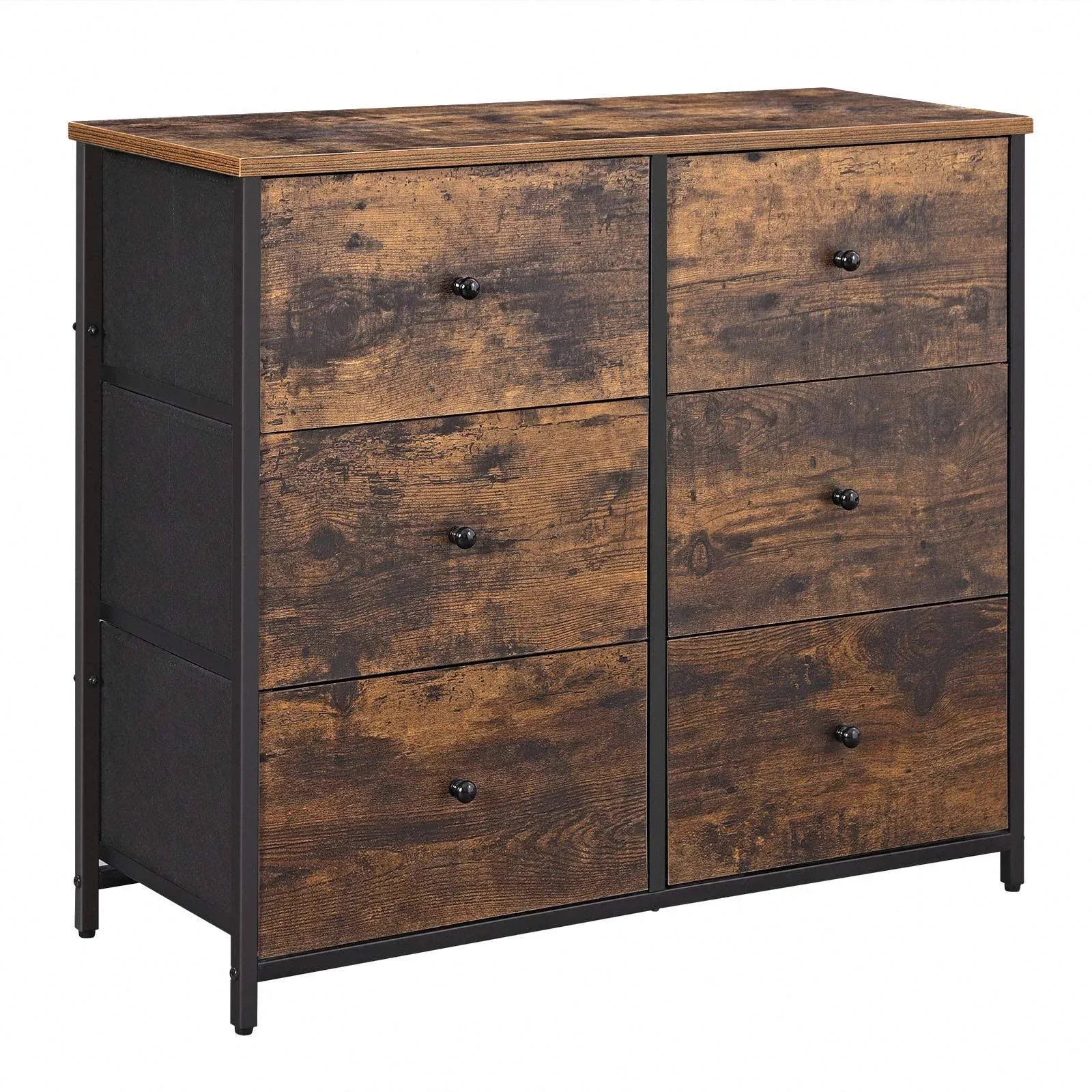 SONGMICS Rustic Drawer Dresser, Wide Storage Dresser with 6 Fabric Drawers with Metal