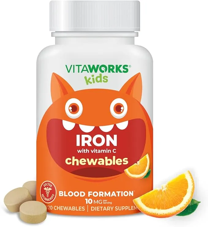 Kids Iron 10mg with Vitamin C 50mg Chewable Tablets - Tasty Natural Flavored - Vegan, Vegetarian, GMO-Free, Nut Free - Dietary Iron Supplement - Blood Formation for Children - 120 Chewables