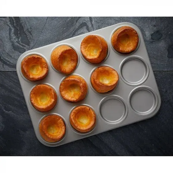 Wrenbury Toughened Yorkshire Pudding Pan 12 Hole - Yorkshire Pudding Tin British Yorkshires - Yorkshire Pudding Baking Pan Non Stick Heavy PFOA PTFE Food Safe Carbon Steel