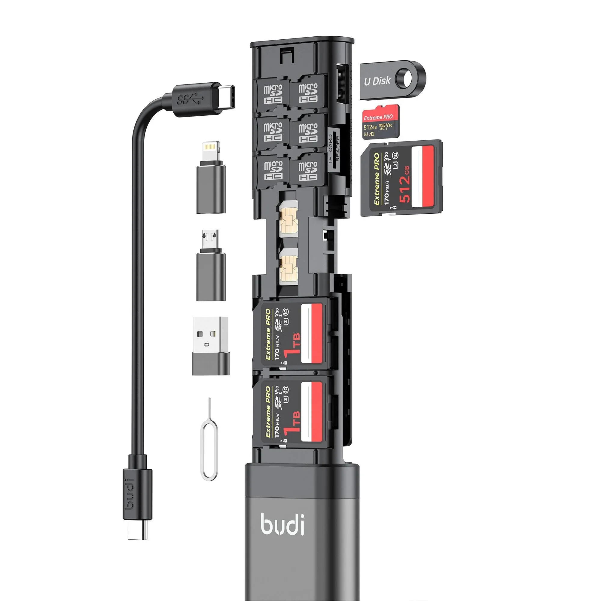 Budi Multifunctional 9-in-1 SD Card Reader Cable And Usb 3.0 Type-c Phone And ...