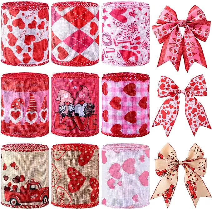 9 Rolls Valentine's Day Wired Edge Ribbon Love Red Heart Pattern Ribbon Happy VA