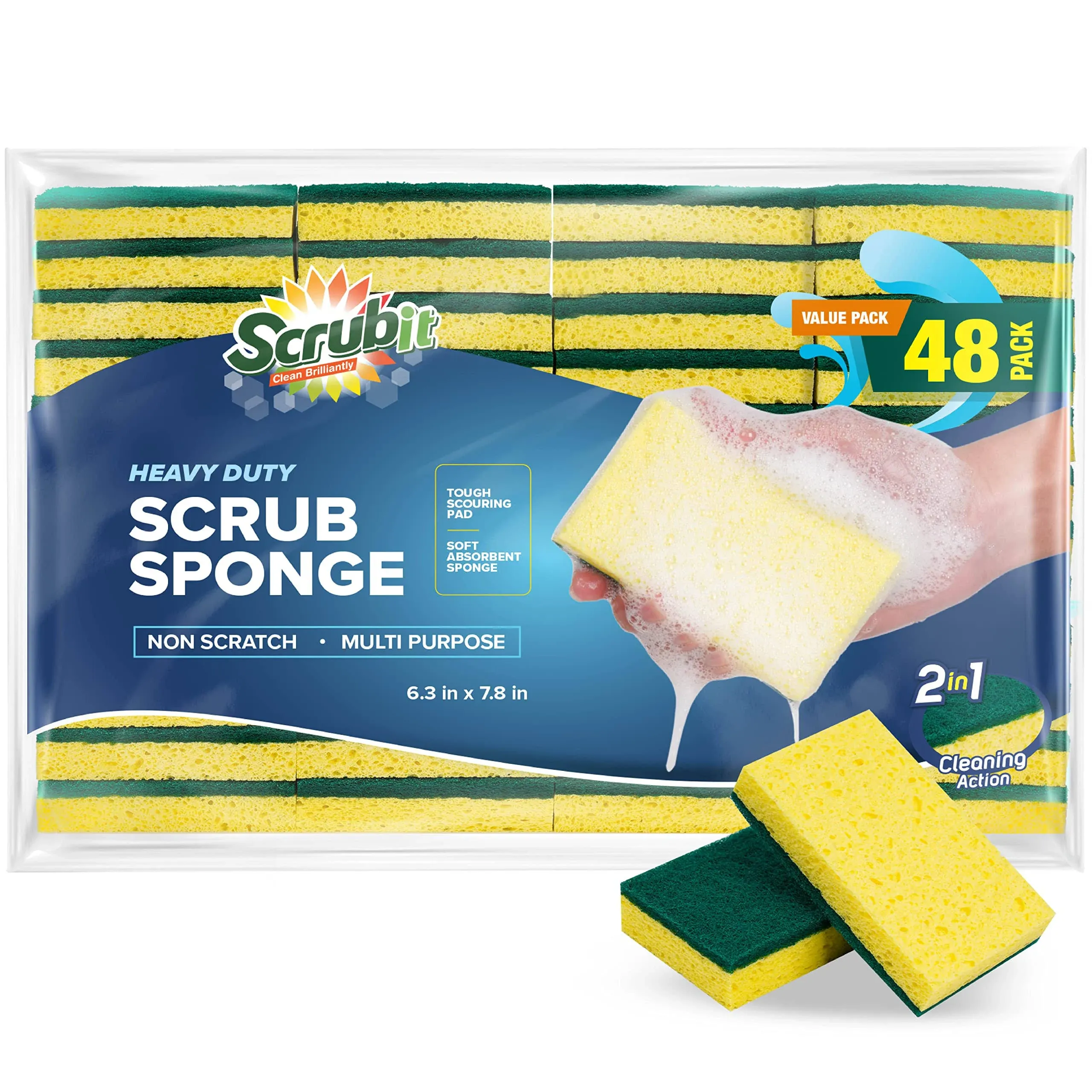 SCRUBIT 48 Pack Heavy Duty Scrub Sponges - Dishwashing Sponge Along with A Tough ...