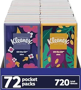 Kleenex On-The-Go Facial Tissues, 72 On-The-Go Packs (3 Trays of 24 Packs), 10 Tissues per Box (720 Total Tissues), 3-Ply, Packaging May Vary