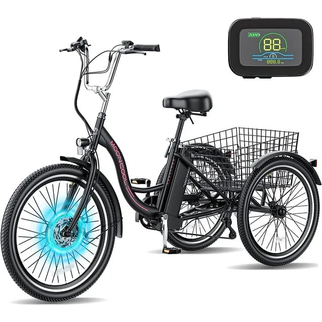 MOONCOOL 24'' Electric Tricycle for Adults, 350W 36V 7 Speeds Electric Trike, 3 Wheels Adult Electric Tricycle Bicycle with Large Basket