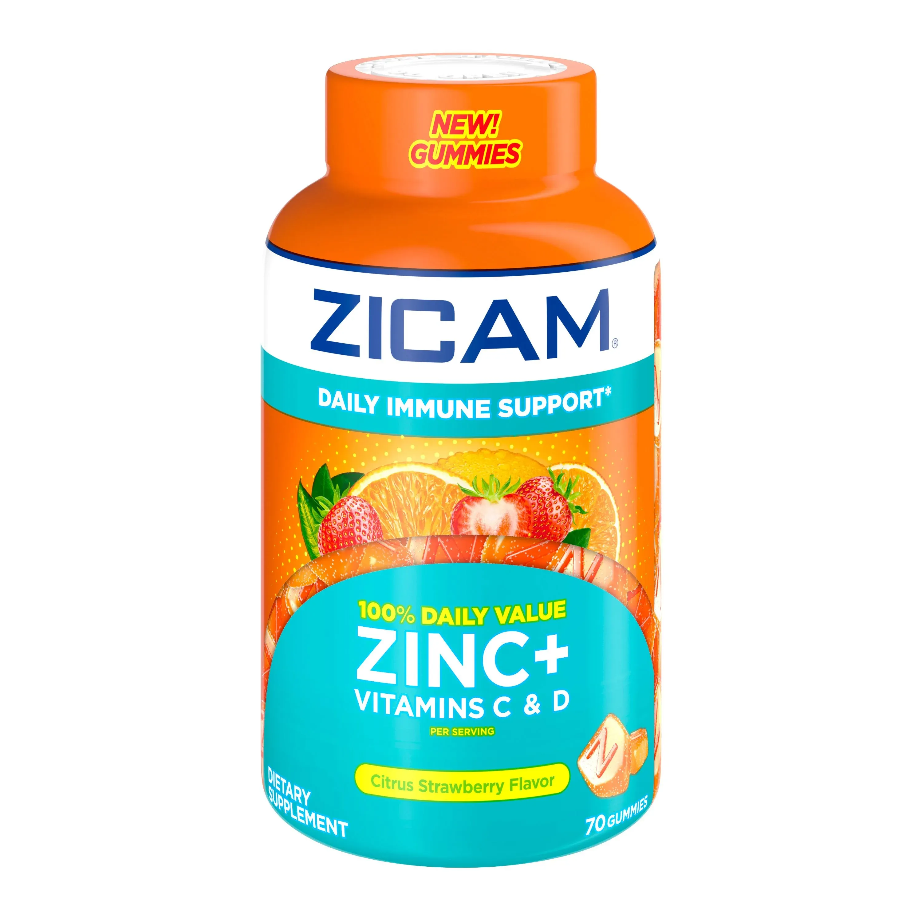 Zicam Daily Immune Support Zinc+ Vitamins C & D Gummy Supplement, Citrus Strawberry Flavor, 70 Count