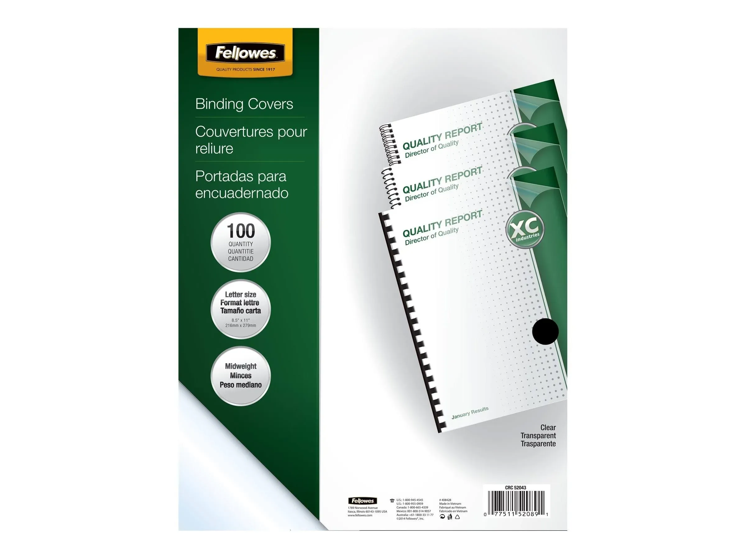 Fellowes® Crystals Transparent Presentation Covers for Binding Systems, Clear, with Square Corners, 11 x 8.5, Unpunched, 100/Pack