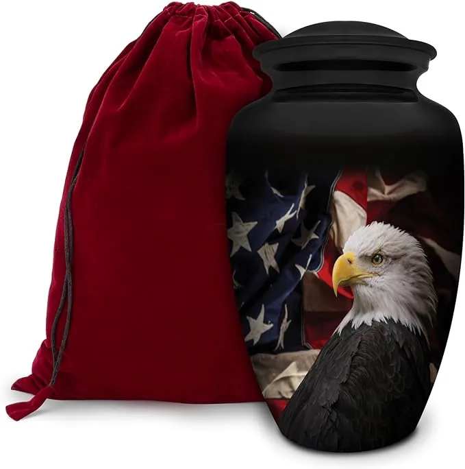 Patriotic Hearts Eagle Urn for Human Ashes | American Flag Cremation Urn for Adults, Veteran, Medium Size, Handmade Funeral Urns with Velvet Bag