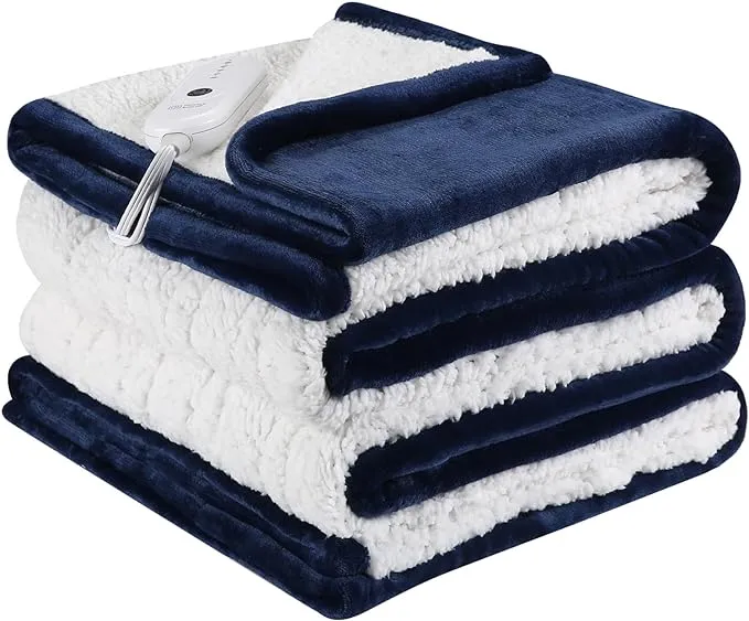 Heated Blanket Twin Size, Fast Heating Blanket with 5 Heating Levels & 10 Hours Auto Off, Soft Cozy Sherpa Electric Throw Blanket for Home Bedding, Machine Washable, 62"x84", Navy Blue