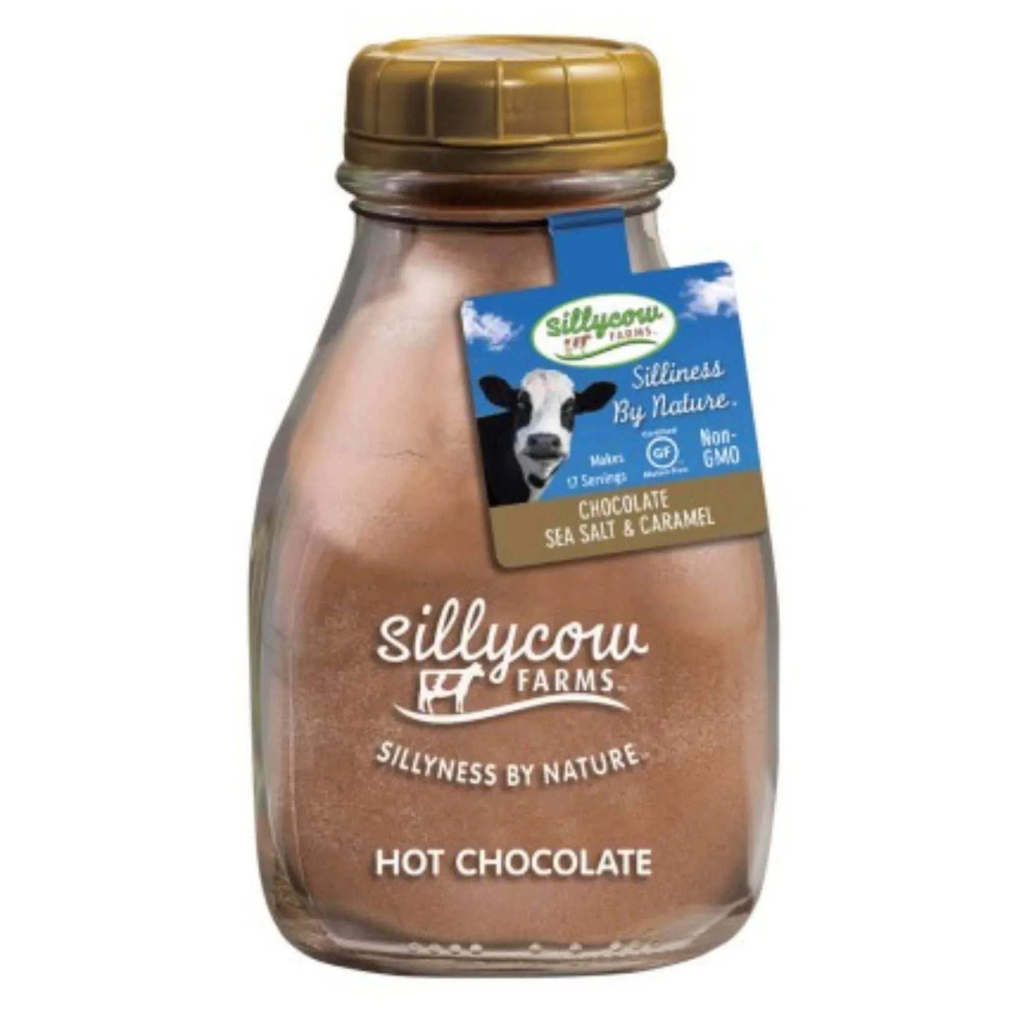 Sillycow Farms Hot Chocolate Sea Salt & Caramel Rich Chocolate Powder Delight Gluten Free Non GMO Dairy Free Indulgence with Pure Sweet Caramel Flavor Reusable Packaging 16.9 oz Glass Bottle Pack of 1