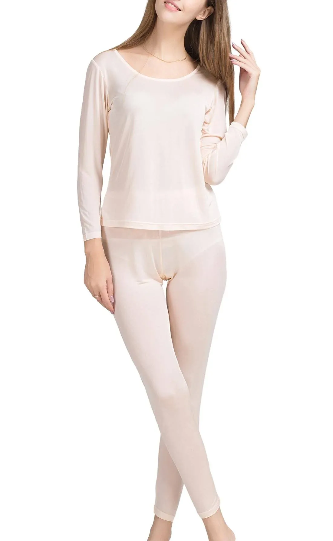 METWAY Women's Silk Long Johns Mulberry Silk Long Underwear Silk Thermal Underwear Sets Winter Silk Base Layer