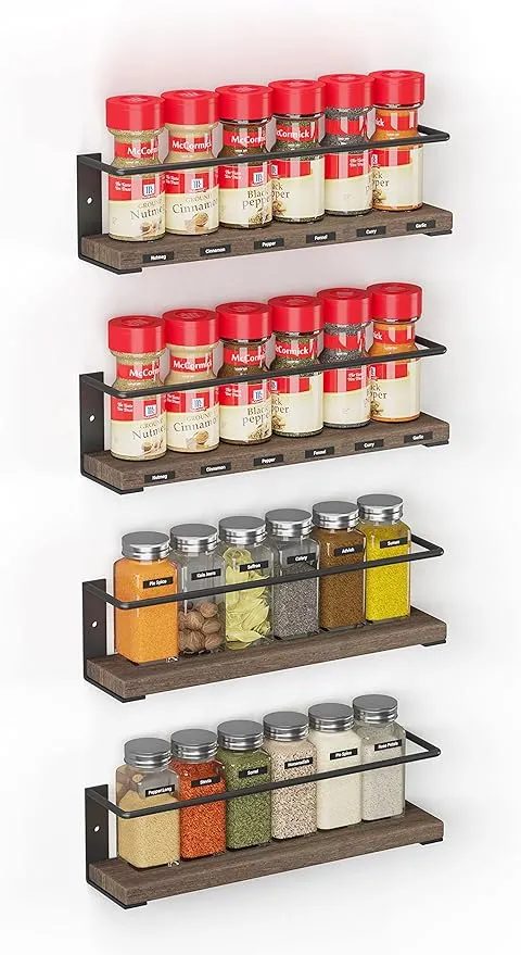 SpaceAid Spice Rack Organizer for Cabinet Door or Wall Mount (4 Pack) with 415 Spice Labels - Wood Hanging Seasoning Shelf for Cupboard Pantry or over the Stove