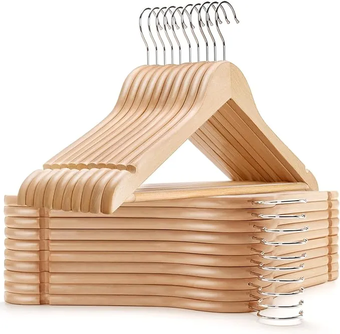 Amber Home Solid Wood Suit Coat Hangers 20 Pack, Smooth Natural Finish Wooden Dress Hangers with Non Slip Pant Bar, Clothes Hangers with 360 Swivel Hook & Notches for Jacket, Pant, Shirt (Natural, 20)