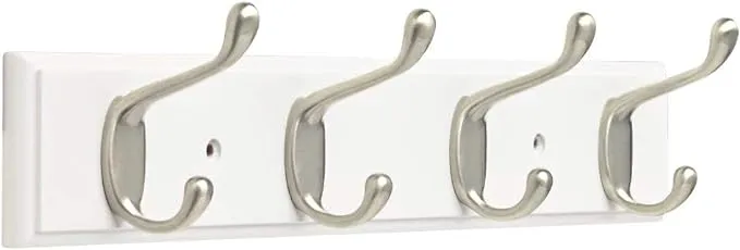 Franklin Brass FBHDCH4-WSE-R, 16" Hook Rail / Rack, with 4 Heavy Duty Coat and Hat Hooks, in White & Satin Nickel