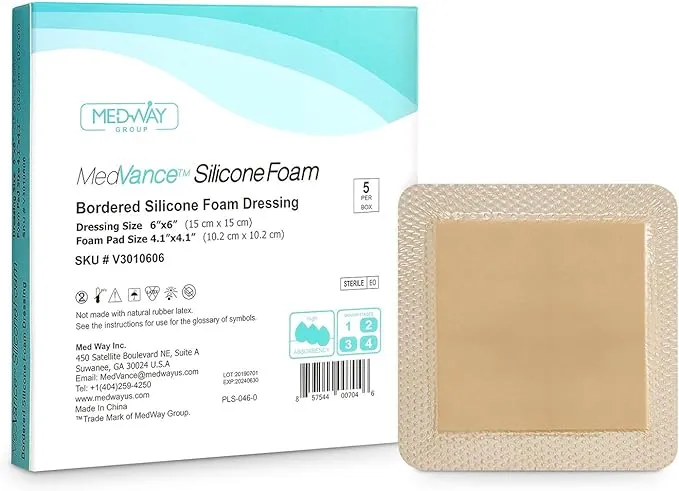 MedVanceTM Silicone - Bordered Silicone Adhesive Foam Dressing Size 6"x6" (4.1"x4.1" pad), Box of 5 dressings