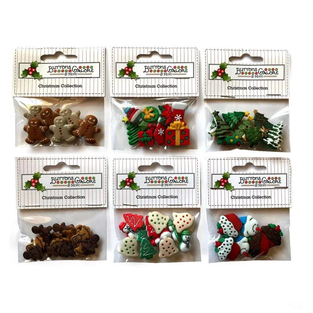 Buttons Galore 60+ Assorted Christmas Buttons for Sewing & Crafts - Set of 6 Button Packs - Gingerbread, Presents, Chirstmas Trees & More