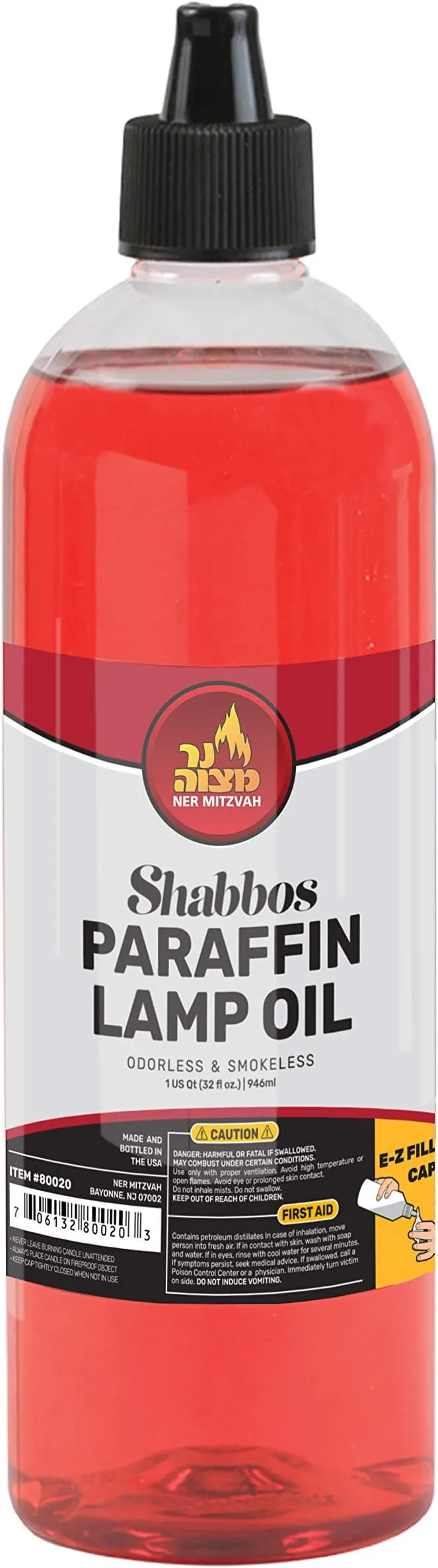 Paraffin Lamp Oil - Red Smokeless, Odorless, Clean Burning Fuel for Indoor and Outdoor Use with E-Z Fill Cap and Pouring Spout - 32oz - by Ner Mitzvah