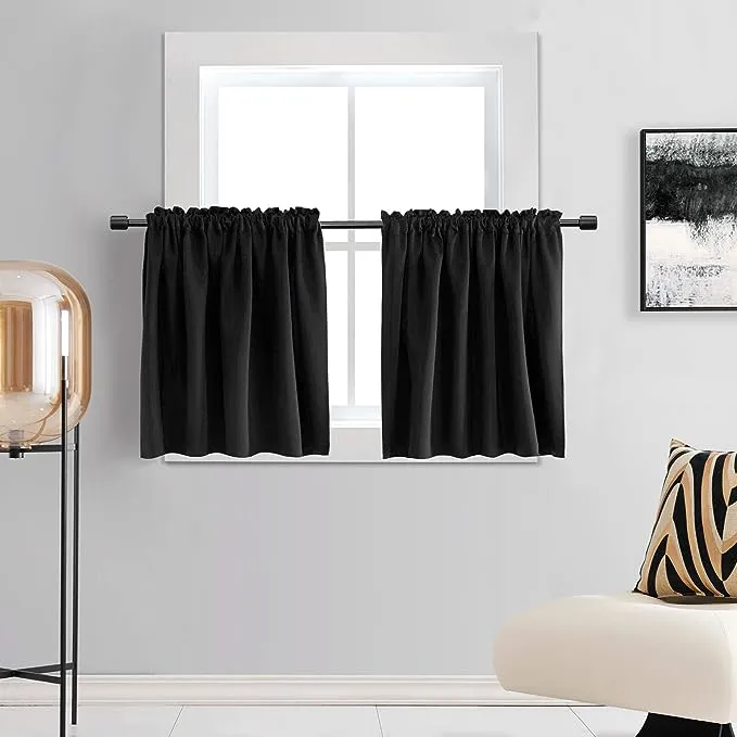 DONREN 30 Inch Length Curtains- 2 Panels Blackout Thermal Insulating Small Curtain Tiers for Bathroom with Rod Pocket (Black,42 Inch Width)